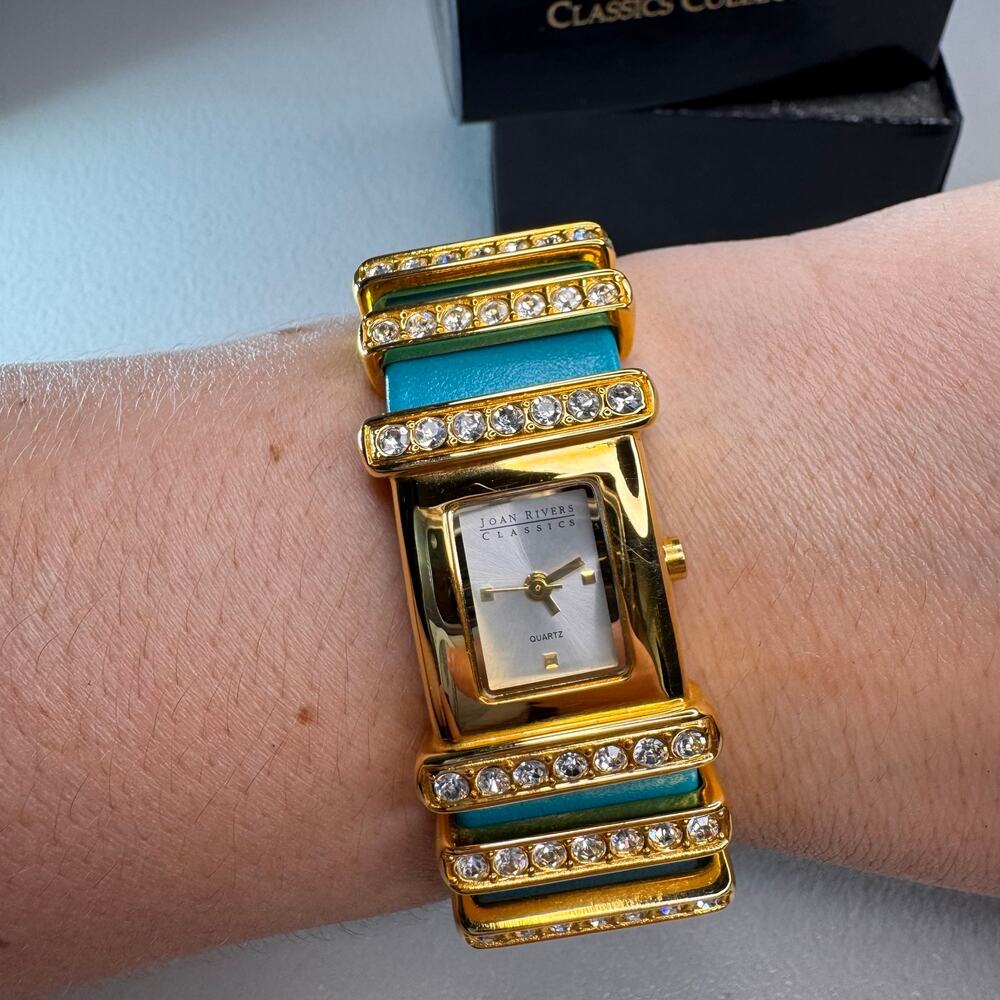 joan rivers classics turquoise leather crystal cuff watch gold tone quartz